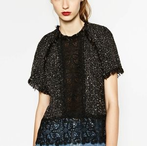 ZARA  Tweed Lace Top Short Sleeve Black Size S